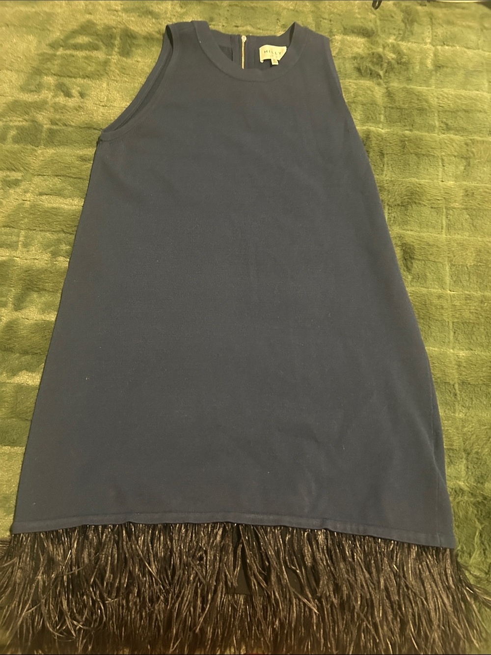 Milly Sleeveless Navy Shift Dress with Feather Hem